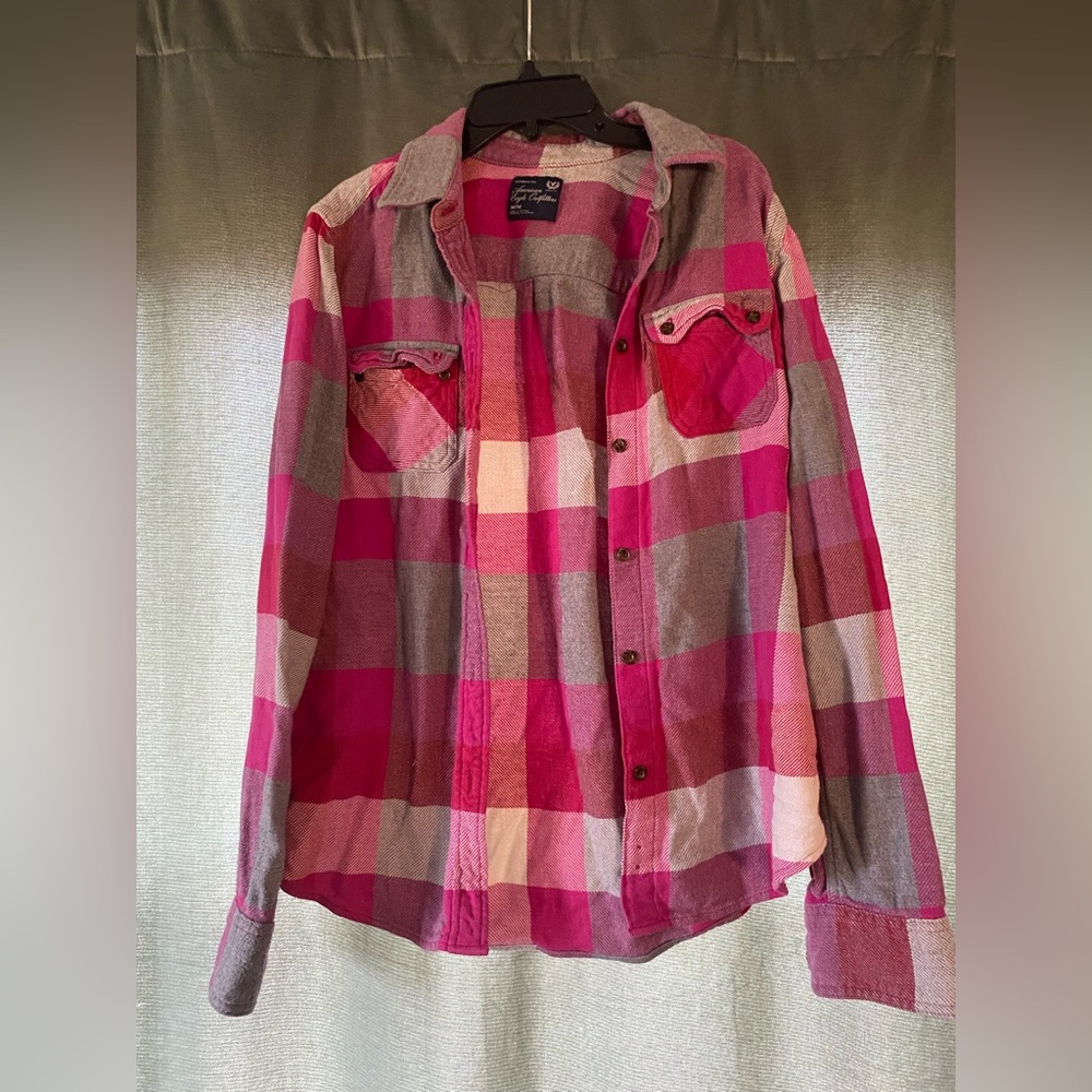 American Eagle Outfitters Red and Pink Plaid Shirt